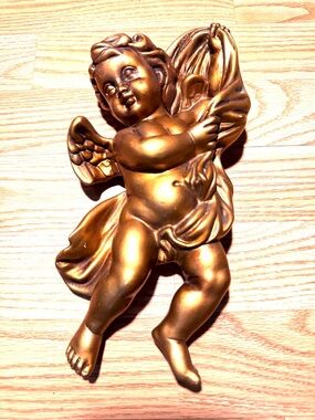 1970’s Gold Cherub Hollywood Regency Wall Accent - Decorative Home Art